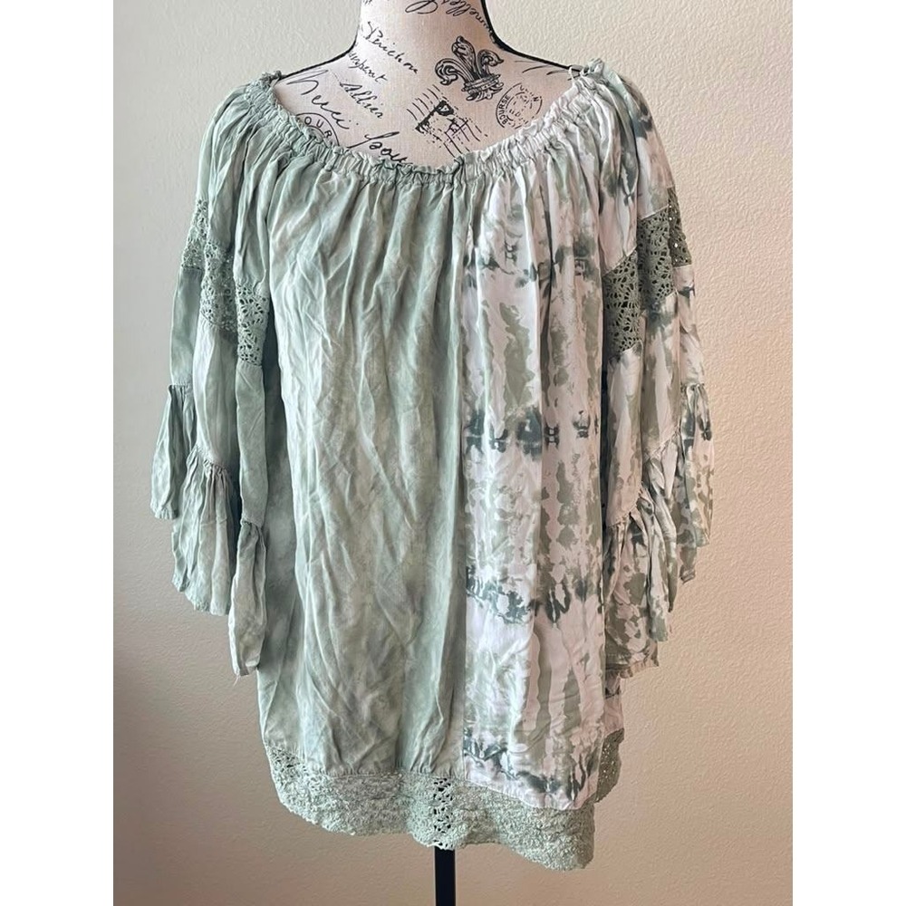 Surf Gypsy Sage Green Tie Dye Crochet Trim Bell Sleeve Boho Tunic Top Medium